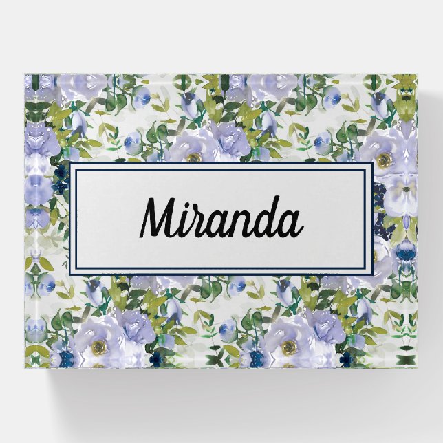 Cute Girly Navy Dusty Blue Floral Name Paperweight (Front)