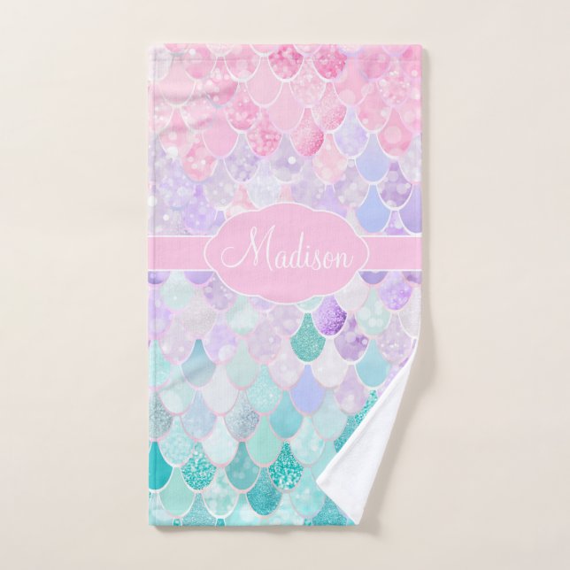 Cute Girly Ombre Mermaid Pattern Monogrammed Hand Towel (Hand Towel)