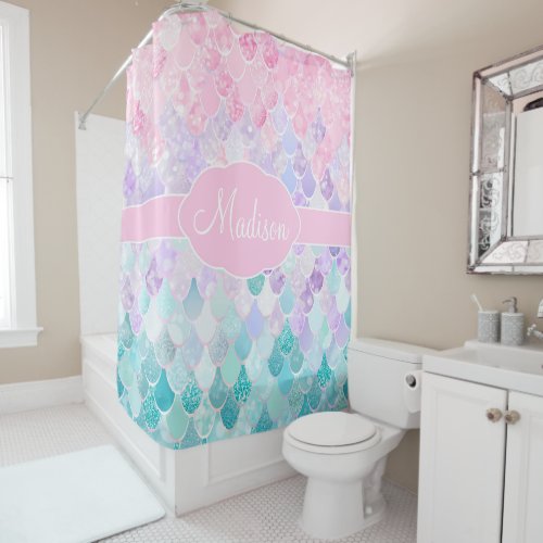 Cute Girly Ombre Mermaid Pattern Monogrammed Shower Curtain