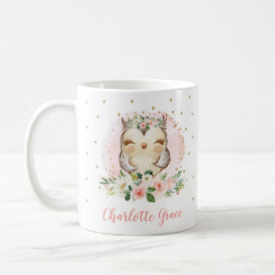 Cute Girly Owl Watercolor Blush Gold Floral Coffee Mug