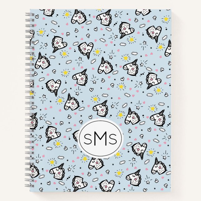Cute Girly Pastel Blue Unicorn Pattern Monogram Notebook (Front)