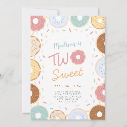 Cute Girly Pastel Donut Two Sweet Second Birthday Invitation