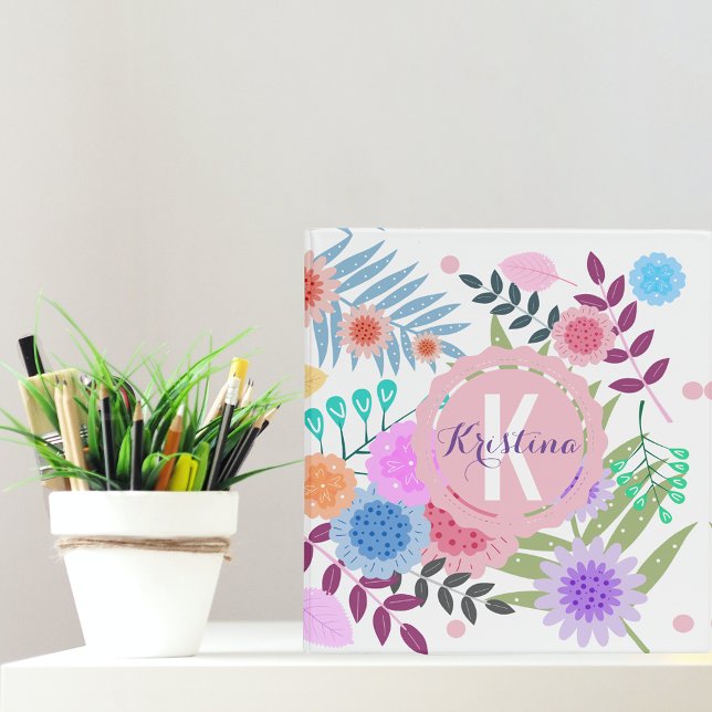 Cute Girly Pastel Floral Name Monogram 3 Ring Binder (Creator Uploaded)