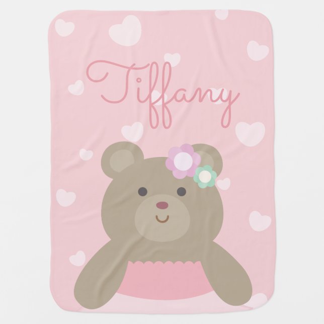 Cute Girly Pastel Pink Ballerina Bear Cub Baby Blanket (Front)