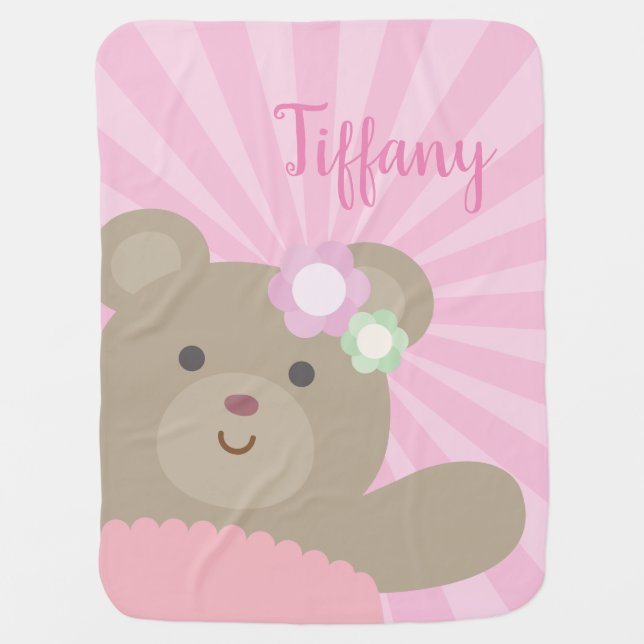 Cute Girly Pastel Pink Ballerina Bear Cub Baby Blanket (Front)