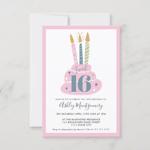Cute girly pastel pink candles cake photo Sweet 16 Invitation