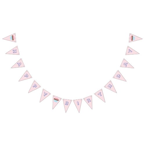 Cute Girly Pastel Pink Cupcake Happy Birthday Bunting Flags