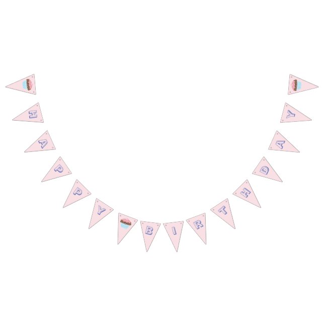 Cute Girly Pastel Pink Cupcake Happy Birthday Bunting Flags (All)