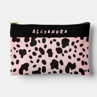 Cute Girly Pastel Pink Name And Black Cow Pattern