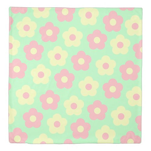 Cute Girly Pastel Pink Yellow Cartoon Flowers Duvet Cover