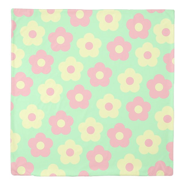 Cute Girly Pastel Pink Yellow Cartoon Flowers Duvet Cover (Front)
