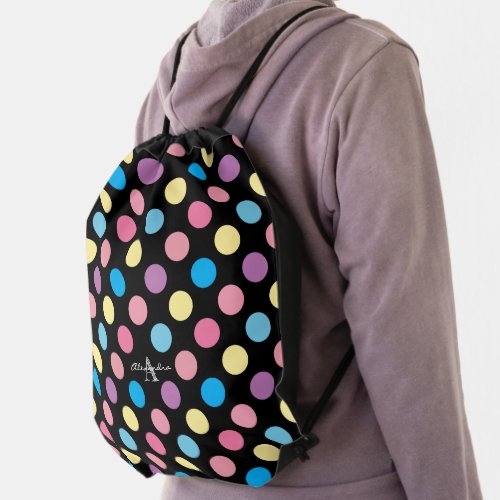 Cute Girly Pastel Polka Dots Pattern Monogram Drawstring Bag