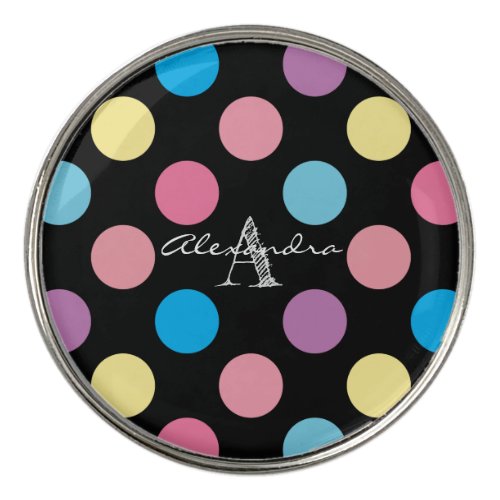 Cute Girly Pastel Polka Dots Pattern Monogram Golf Ball Marker