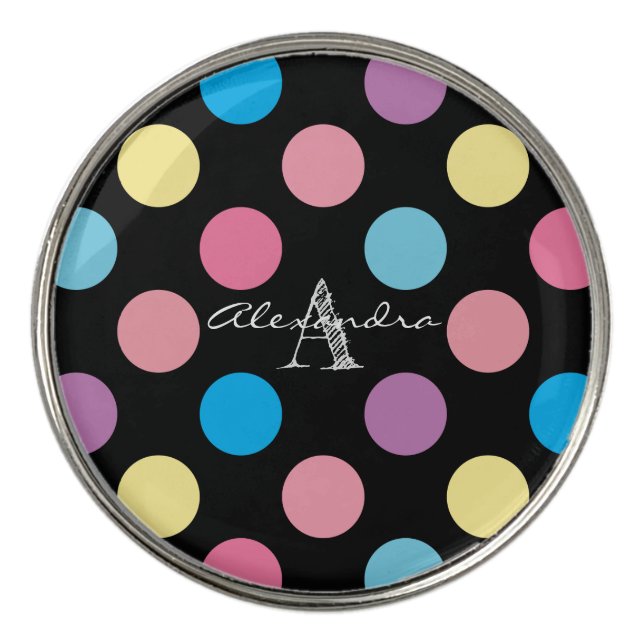 Cute Girly Pastel Polka Dots Pattern Monogram Golf Ball Marker (Front)