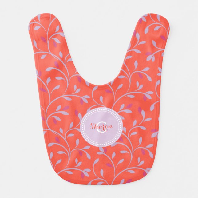Cute girly pastel purple floral pattern monogram baby bib (Front)
