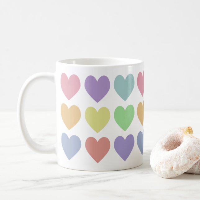 Cute Girly Pastel Rainbow Hearts Coffee Mug (With Donut)