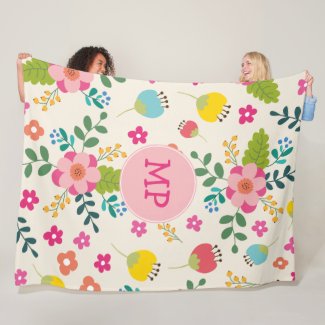 Cute Girly Pastel Spring Flower Pattern + Monogram Fleece Blanket