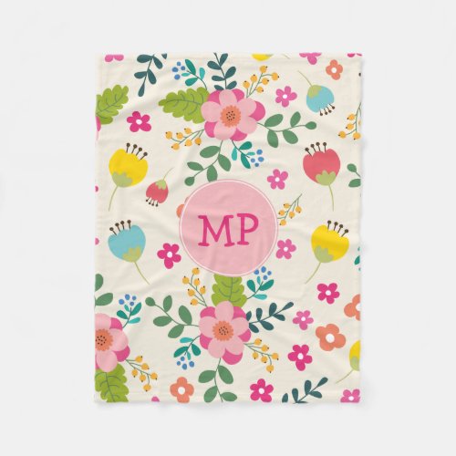 Cute Girly Pastel Spring Flower Pattern  Monogram Fleece Blanket