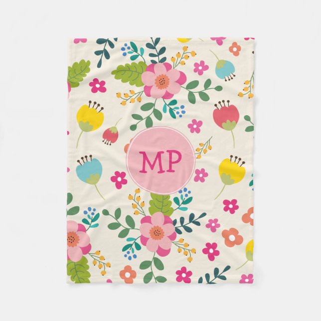 Cute Girly Pastel Spring Flower Pattern + Monogram Fleece Blanket (Front)