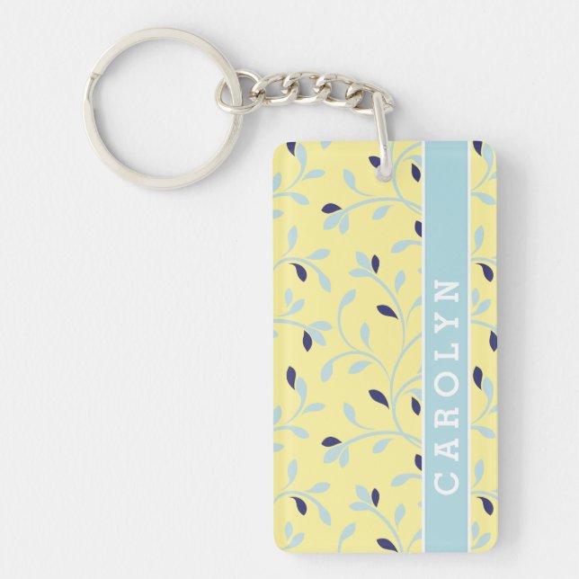 Cute girly pastel yellow floral pattern monogram keychain (Front)