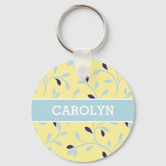 Cute girly pastel yellow floral pattern monogram keychain (Front)