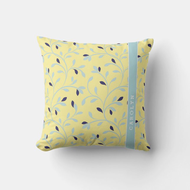 Cute girly pastel yellow floral pattern monogram throw pillow (Front)