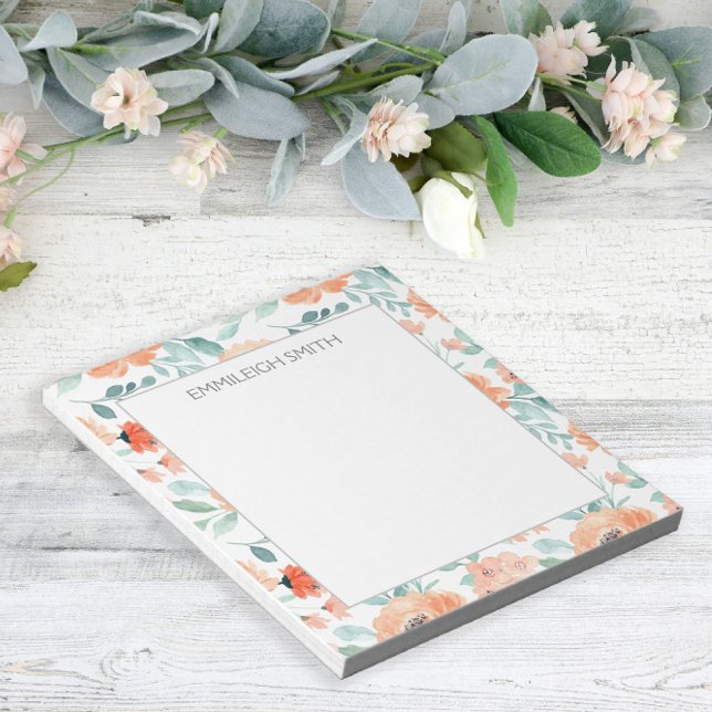 Cute Girly Peach Flowers Green Leaves   Notepad (Creator Uploaded)