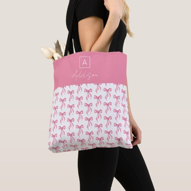 Cute Girly Personalized Monogram Pink Bow  Tote Bag (Close Up)