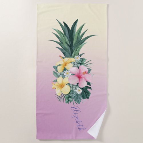 Cute Girly  Pineapple Tropical Flowers Ombre Beach Towel