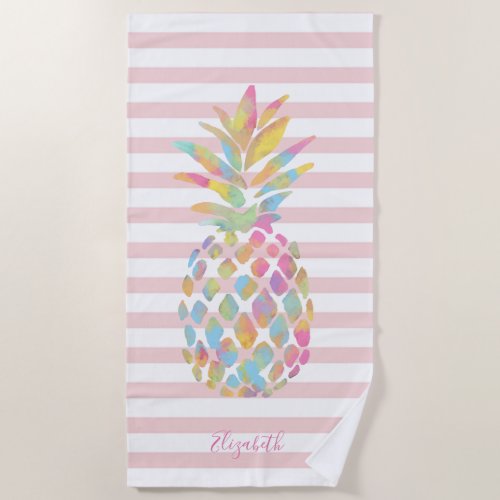 Cute Girly Pineapples Pink Stripes  _Personalized Beach Towel