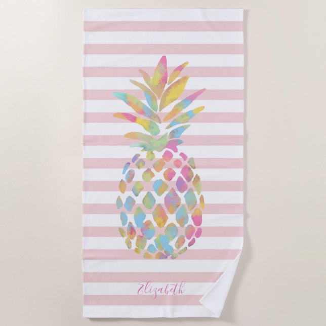 Cute Girly Pineapples Pink Stripes  -Personalized Beach Towel (Front)
