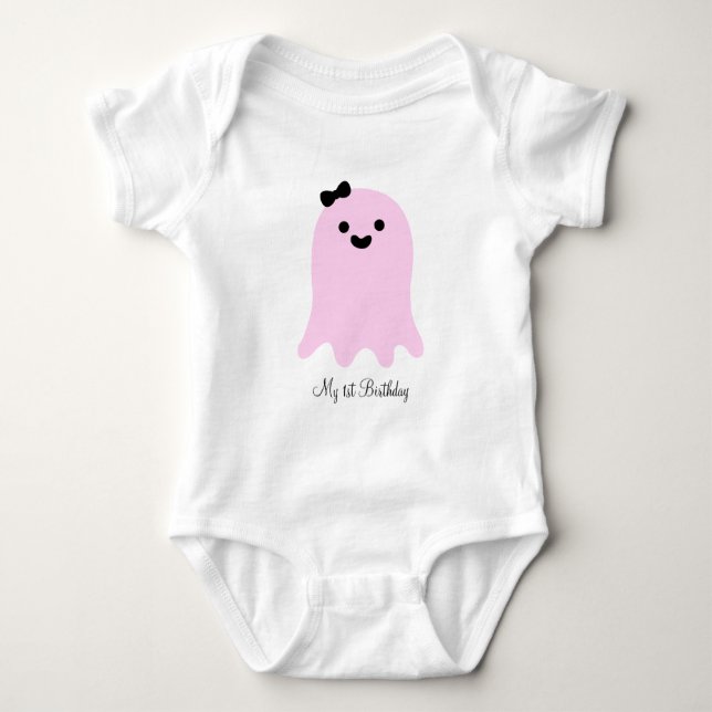 Cute Girly Pink 1st Halloween Ghost Baby Bodysuit (Front)