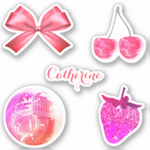 Cute Girly Pink Aesthetic Bow Cherry with Name Sticker
