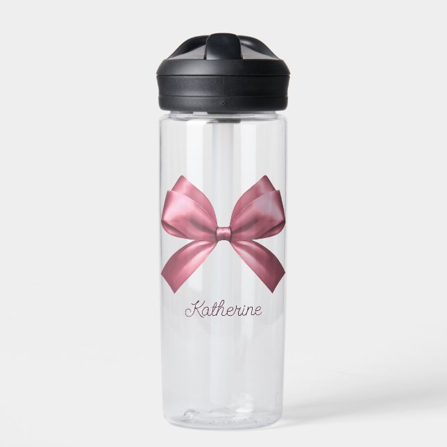 Cute Girly Pink Aesthetic Bow Name Water Bottle (Front)