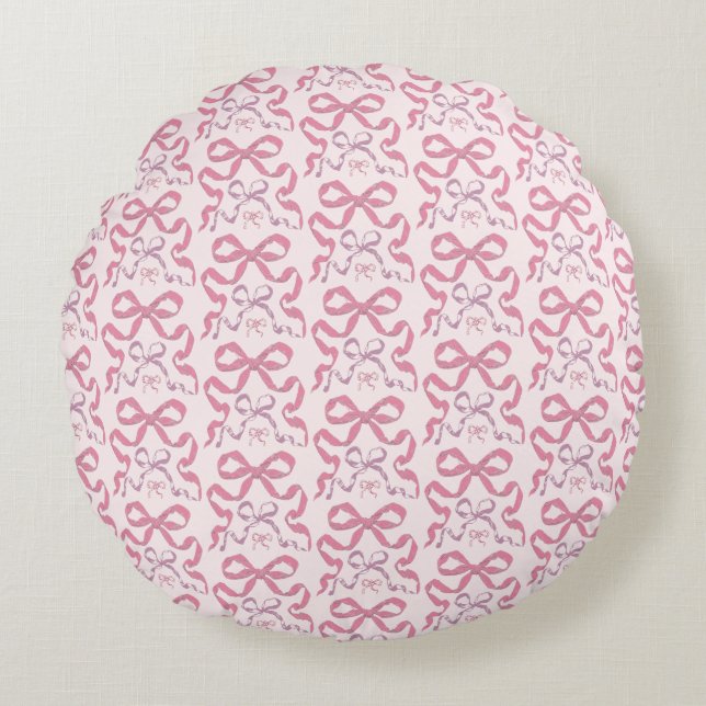Cute Girly Pink Aesthetic Bow Round Pillow (Front)
