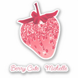 Cute Girly Pink Aesthetic Glitter Strawberry Name Sticker