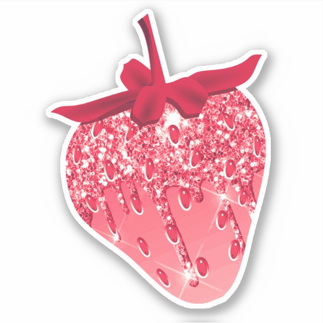 Cute Girly Pink Aesthetic Glitter Strawberry  Sticker (Front)