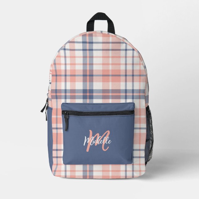 Cute Girly Pink and Blue Plaid Monogram Printed Backpack (Front)