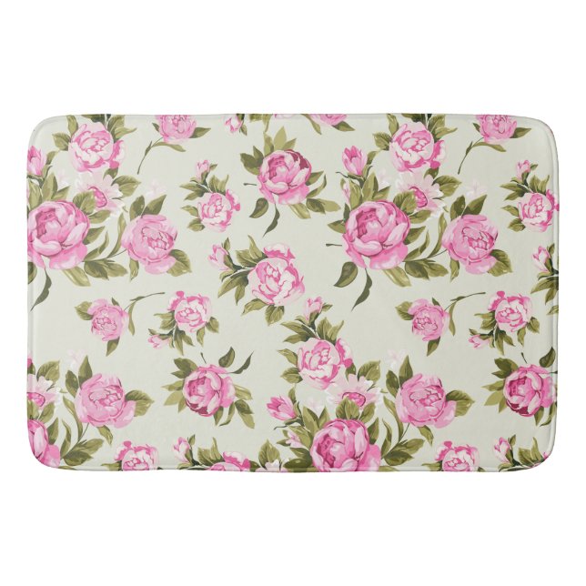 Cute Girly Pink and Purple Provencal Roses Bathroom Mat (Front)