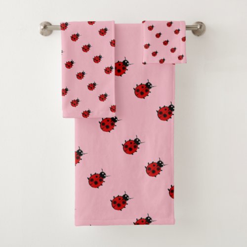 Cute Girly Pink and Red Ladybug Pattern Bath Towel Set
