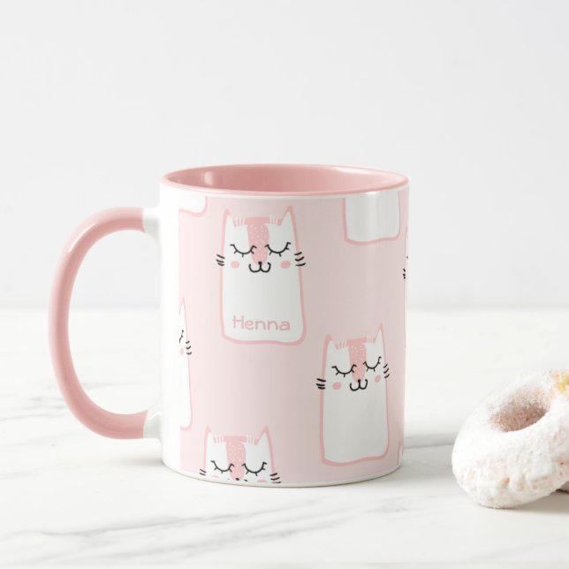 Cute Girly Pink and White Cat Pattern Personalized Mug (With Donut)