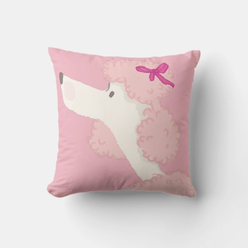 Cute girly pink and white poodle with hot pink bow throw pillow