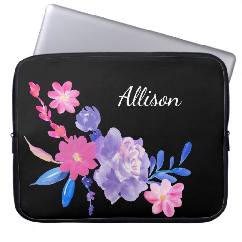 Cute Girly Pink Black Floral Monogram Flowers Lapt Laptop Sleeve