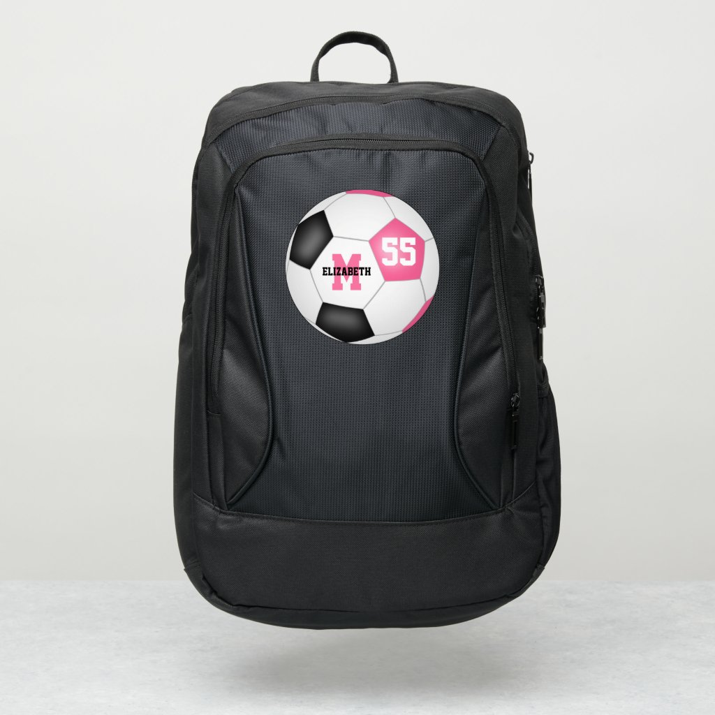 Personalized soccer backpack with pink black soccer ball accent