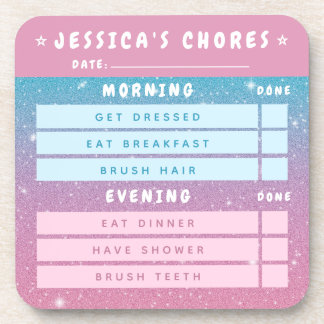 Cute Girly Pink Blue Glitter Kids Daily Chores 3x3 Beverage Coaster