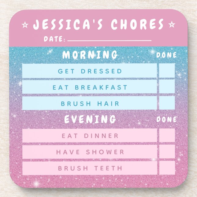 Cute Girly Pink Blue Glitter Kids Daily Chores 3x3 Beverage Coaster (Front)