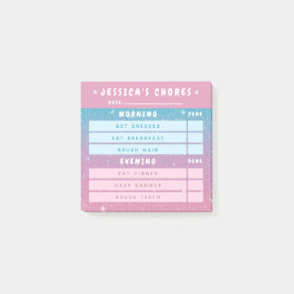 Cute Girly Pink Blue Glitter Kids Daily Chores 3x3 Post-it Notes