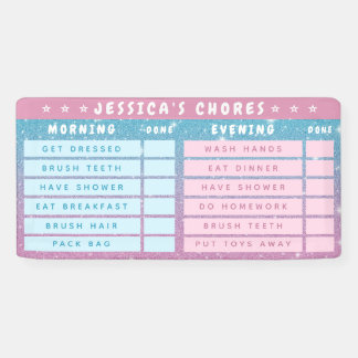 Cute Girly Pink Blue Glitter Kids Daily Chores Banner