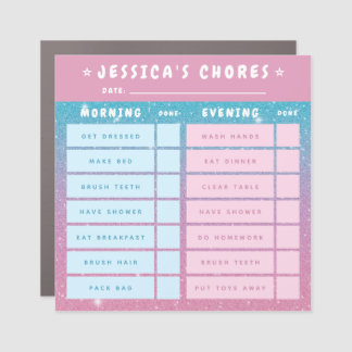Cute Girly Pink Blue Glitter Kids Daily Chores Car Magnet