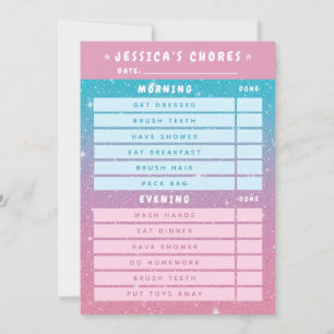 Cute Girly Pink Blue Glitter Kids Daily Chores  Invitation